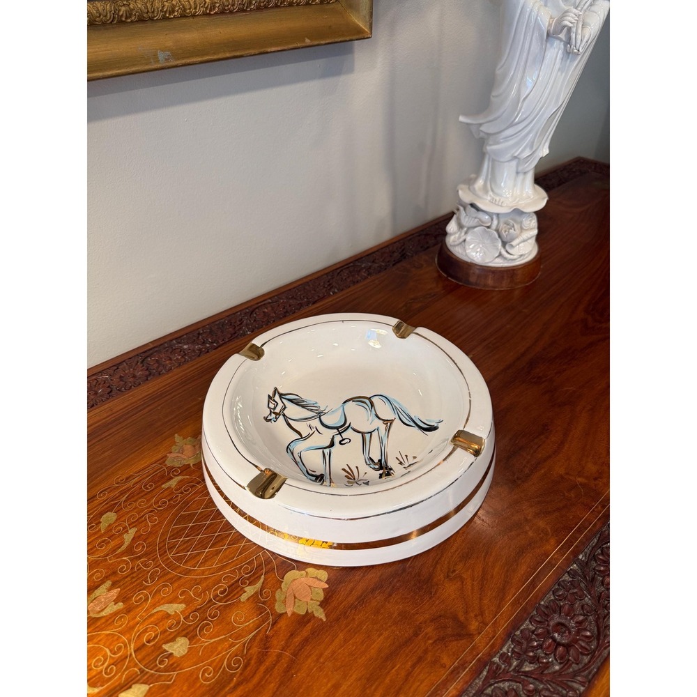 Vintage Italian Horse Ashtray - Mid‎ Century Gold and White 9.5"
